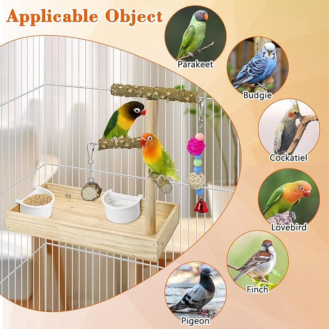BNOSDM Wooden Bird Feeder for Cage Natural Wood Parrot Feeding Cups Bird Food Dish with Perch Stand for Parakeets, Budgies, Cockatiels, Lovebirds, Finches, Pigeons