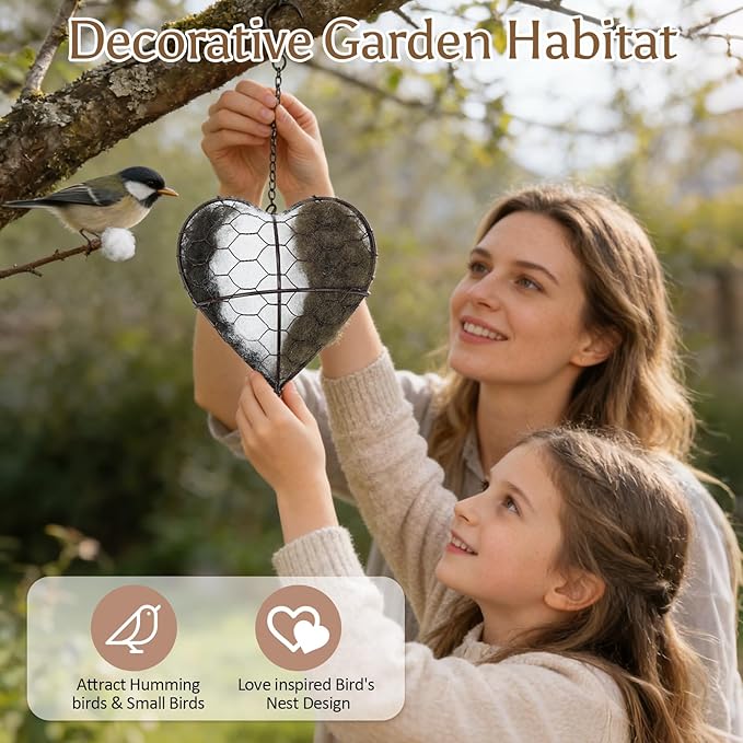 Heart Shaped Bird Nesting Material Holder - Refillable Wild Bird Nesting Supply Station with Natural Fibers, Outdoor Garden Hanging Bird House Accessory for Hummingbirds & Wild Birds