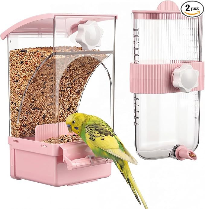 Novabright No Mess Bird Feeder Water Dispenser Set, Automatic Transparent Bird Food Container and 12 oz Automatic Water Feeder for Small Birds Parrot, Cockatoo, Canary, Cage, Lovebird, Budgies (Pink)