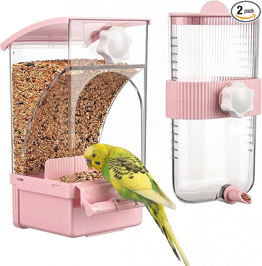 Novabright No Mess Bird Feeder Water Dispenser Set, Automatic Transparent Bird Food Container and 12 oz Automatic Water Feeder for Small Birds Parrot, Cockatoo, Canary, Cage, Lovebird, Budgies (Pink)