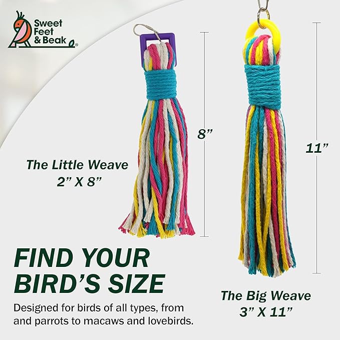 Sweet Feet & Beak Cotton 3”x11 Bird Rope Toy - Colorful Parrot Chew Toys for Shredding & Chewing - Engaging & Stimulating Bird Toys for Parrots, Small and Large Birds - Cage Accessories