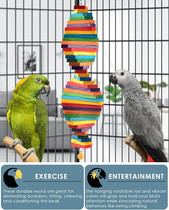 Bissap Bird Chew Toys, 20.8'' Multicolored Bagel Cascade Medium Large Parrot Chewing Sticks Biting Wooden Blocks Toy for Big Senegal Amazon Cockatoos Macaws African Grey and Similar Sized Pet Birds