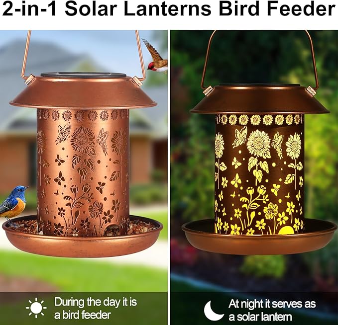 Solar Bird Feeder for Outdoors Hanging,Solar Lanterns Outdoor Waterproof Hanging Garden Decor,Metal Wild Bird Feeders Decoration Outside Birthday Gifts for Women and Mom(Sunflower)…
