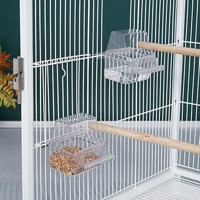 2 Pack Bird Cage Feeder – Clear Water Bowl & Food Container with Perch | No Mess Design for Parakeets, Bird Cage Accessories for Clean Feeding