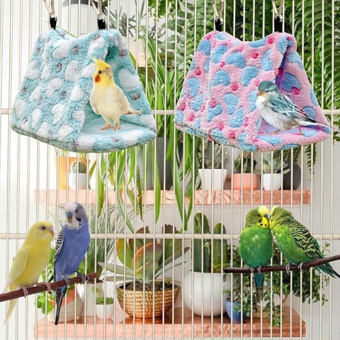 2 Pack Warm Bird Nest Plush Snuggle Bird Hammock Hanging Bird Cave Parrot Sleeping Bed Shed Hut Hanging Tent for Budgies Finch Parakeet Cockatiel Cockatoo Lovebird-Loving Heart (Pink&Green)