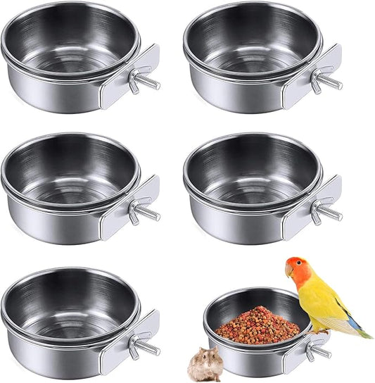 PINVNBY Parrot Feeding Cups Birds Food Dish Stainless Steel Parrot Feeders Water Cage Bowls with Clamp Holder for Cockatiel Conure Budgies Parakeet Macaw Small Animal Chinchilla Pack of 6