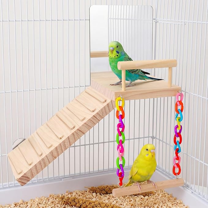 Bird Perch Platform Toy Set (Includes Mirror, Climbing Ladder, and Swing) - Wooden Play Frame, Parrot Cage Accessories, Suitable for Budgerigars, Lovebirds, Canaries, and Various Other Birds