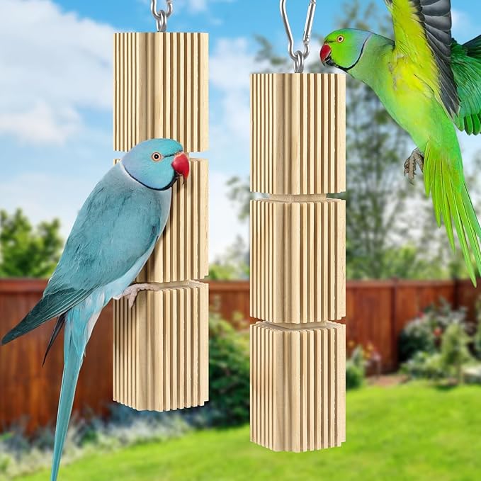 DBNESS 2 PCS Bird Chew Toys, Natural Hanging Parrot Foraging Beak Grinding Wood Chewing Blocks for Medium Quaker Caique Conure Cockatiel African Grey Birds Cage Accessories Similar Sized Pet Birds