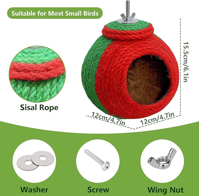 Bird Nest,Parrot Breeding House,Parakeet Natural Coconut Shell Hut,Hanging Budgie Nesting House with Coconut Fiber,Cockatiel Bed for Conure Lovebird Finch Birds