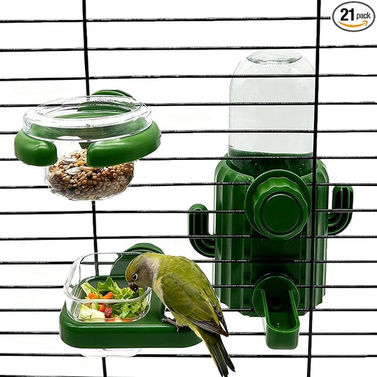 Bird Water Dispenser Automatic Bird Feeder for Cage Set, No Mess Parakeet Feeder for Parrots, Cockatiels, Finches, Budgies (3PCS, Green)