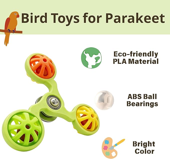 Spinning Bird-Toys Bird Cage Toys & Bird Perch Parrot-Parakeet Budgie Cockatiel Conure Macaw Chicken Parrot Enrichment Cage Accessories Small Animal Chewing Toy (Green Spinner Bell)