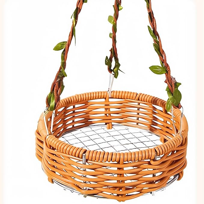 Hanging Rattan Bird Nest for Cage, Bird-Safe Vine Swing Perch with Leaves, Washable Chew-Proof Hammock Nest for Lovebird Cockatiel Budgie Conure, Cage Decoration & Rest Toy for Small Birds(Round)