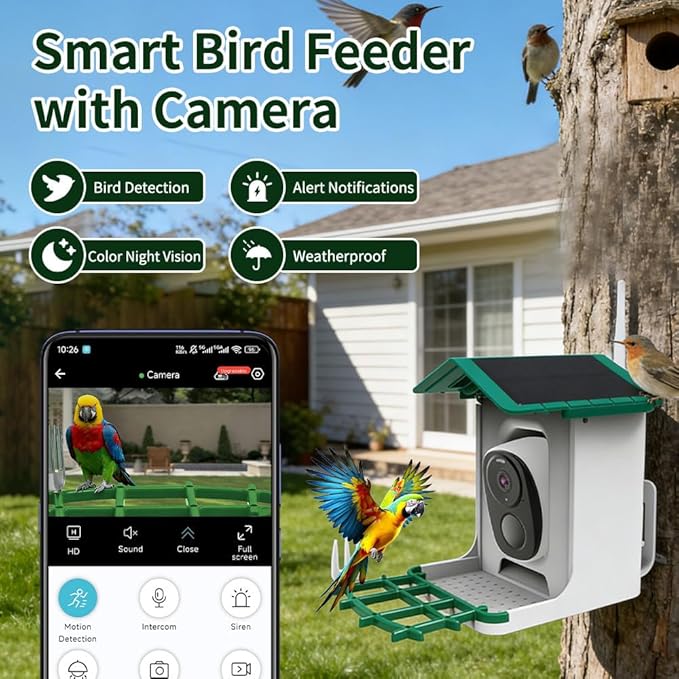 Smart Bird Feeder with Camera Solar Powered & AI Bi rd Identification, 3MP Ultra HD.2.4Ghz WiFi Bird feeders for Outdoors,2.1L Capacity, IP65 Waterproof,Mobile Remote Control,Full-ColorNight Vision