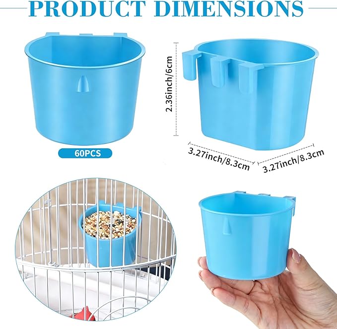 Sumind 60 Pcs Cage Cups Chicken Feeder Birds Hanging Feeders Seed Bowl 8 oz Plastic Water Bowl Hanging Chicken Gamefowl Waterer Feeding Watering Dish Coop Cups for Parrot Parakeet Poultry (Light Blue)