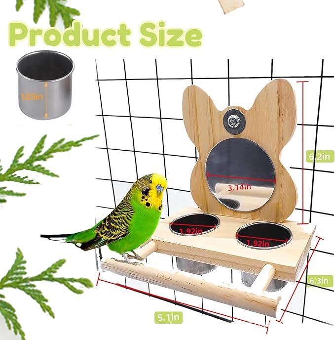 Bird Feeder with Stainless Steel Dish, Natural Wood Perches & Mirror - Easy Clean/Refill for Cockatiels, Lovebirds, Canaries, Finches, Budgies & Small/Medium Birds - Parrot Cage Accessories