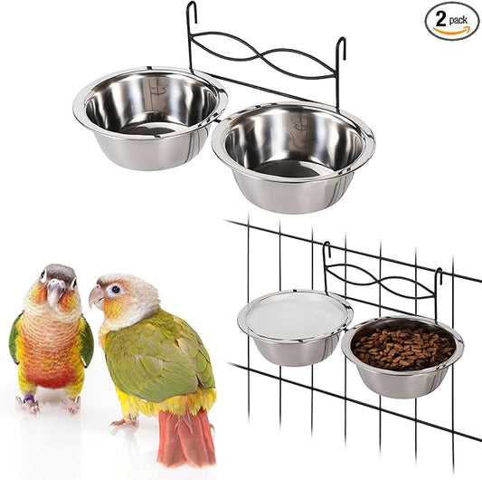 kathson Stainless Steel Bird Bowls for Cage, 2 PCS Metal Pet Food Water Dishes with Holder Feeder Cage Coop Hook Feeder Cups for Birds, Parrots, Small Sized Dogs and Cats (6.7 Inch Dia)