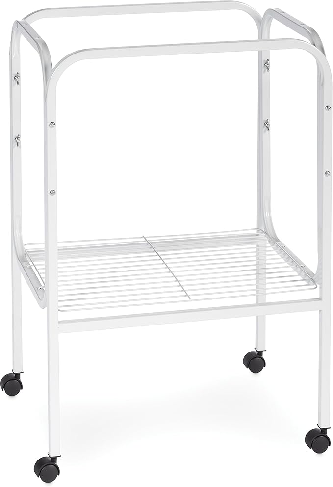 Prevue Pet Products Bird Cage Stand with Shelf - Small Metal Cage Stand with Rolling Wheels, Bird Stands for Inside, Mid‑Height Shelf for Cage Accessories, Toys, and Storage - White
