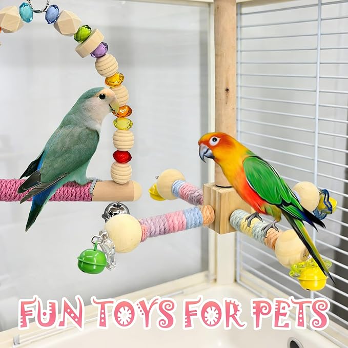2 Pcs Parakeet Toys with 9 Inch Hanging Perch & 7.8 Inch Wooden Swing,Wooden Bird Cage Accessories to Relieve Boredom and Anxiety,Excellent for Parrots, Budgies, Cockatiels and Other Pet Birds