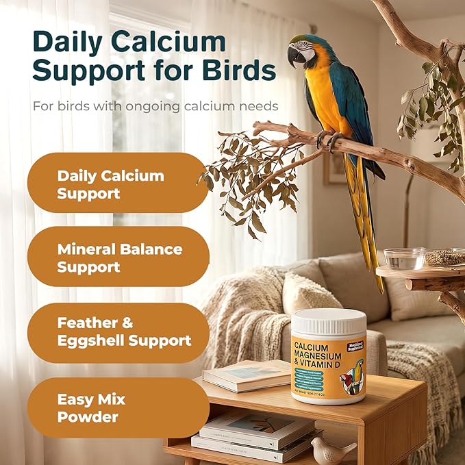 Bird Calcium Supplement with Magnesium & Vitamin D3, Water-Soluble Powder for Bone, Feather & Eggshell Support, Easy-Mix Daily Nutrition for Parrots & Companion Birds, 60 g