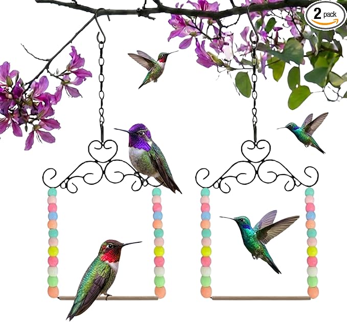 Hummingbird Swing & Perch for Outdoor – Rust-Resistant Metal Bird Perch with Colorful Beads, Easy Hanging Garden Accent Near Feeder, Bird Bath & Hummingbird House (2 PCS)
