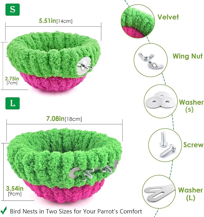 KATUMO Bird Nest, 7inch Small Parrot Breeding Bed for Budgie, Parakeet, Cockatiel, Conure, Lovebird, Canary, Finch Birds (Green/Rose, Large)
