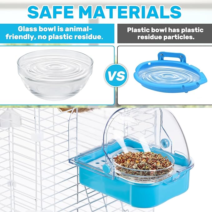Multifunctional 3-in-1 Hanging Bath Feeding Bowl with Easy Clean Drawer Design for Parrots, Couples, Budgerigars Cage Accessories (Blue)