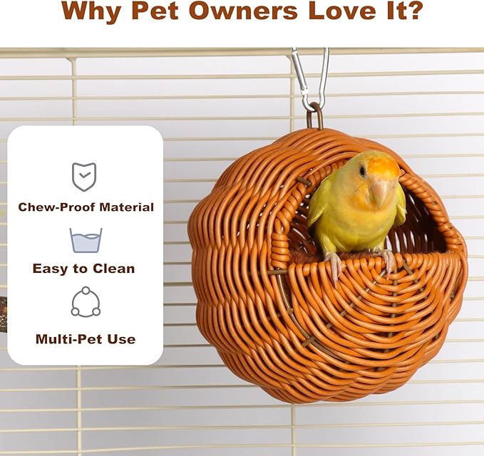 Bird Nest for Cage, Chew-Proof Natural Woven Hamster Hideout with Coconut Pad for Parakeets, Lovebirds, Sugar Gliders, Hamsters and Guinea Pigs (G-Type)