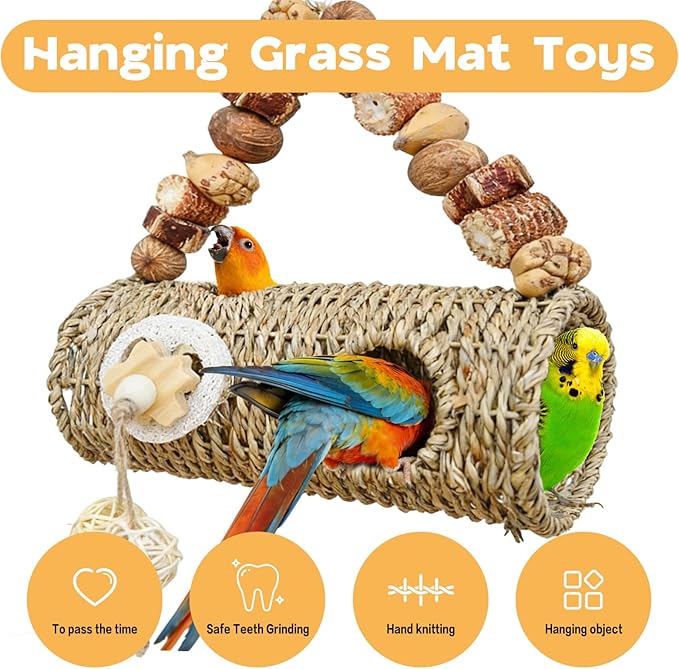 Bird Nest for Cage with Natural Chewing Toys,Hideaway Shelter Hut Parakeet Hanging Bird Tunnel Bed with Handwoven Breathable Seagrass, Small Parakeet Bed for Canary, Budgie Rest & Chew & Play(SD)