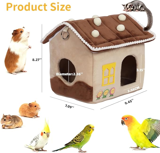 Bird Bed for Cage & Parakeet Nest - Winter Warm Plush Cotton Hanging Hammock, Dual Use Hideaway for Cockatiels, Budgies (Brown)