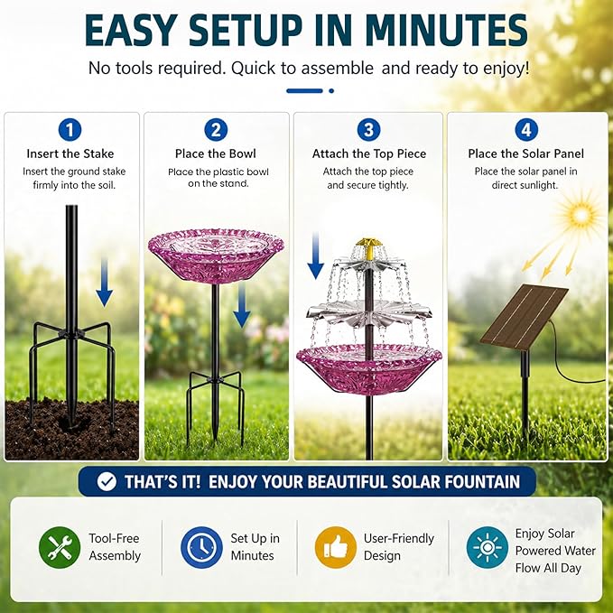 Bird Bath Fountain Solar for Outside, Outdoor Water Fountain Plastic, Attracts Birds with Cascading Spray for Yard & Patio (Purple)