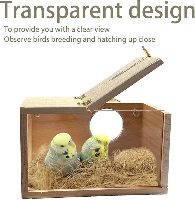 Parakeet Nesting Box, 7.87 X 4.72 X 4.72 inch Transparent Bird Nest Breeding Box with Perch Parrot Mating Box Wood Bird House Aviary for cage (S Horizontal Transparent+Wood)