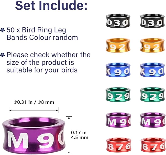 Bird Rings, Bird Bands, Bird Leg Rings, Multicolor Aluminum Leg Rings, Identification Training Rings Hibiscus Birds, Parrots, Peonies, Mixed Colors 50 Per Pack
