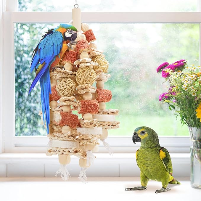 Bird Toys that is 17.5 Inches in Length, Parrot Toy Designed for Chewing Features Natural Corn cob and Loofah Slices, Can Be Hung in Large and Medium-Sized Parrot Cages