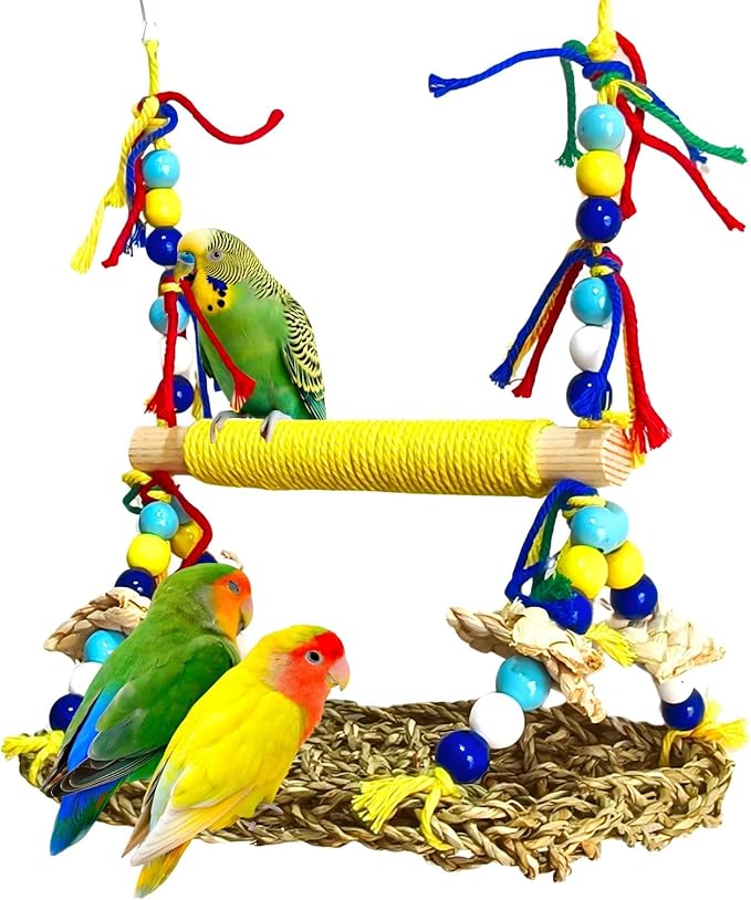 Parakeet Swing Toys,Natural Bird Grass Mat Toys Parrot Climbing Hammock with Perch Toys for Cockatiel, Sun Conure, Lovebird, Budgie