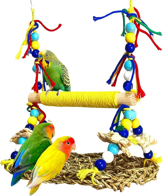 Parakeet Swing Toys,Natural Bird Grass Mat Toys Parrot Climbing Hammock with Perch Toys for Cockatiel, Sun Conure, Lovebird, Budgie