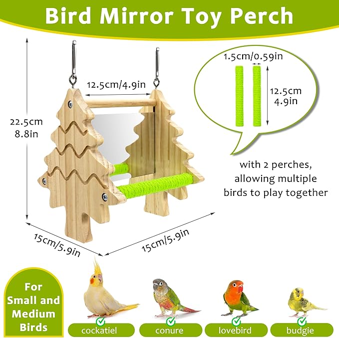 Bird Mirror Toy Perch, 2-Sided Hd Parakeet Mirrors & 2 Cotton-Wrapped Perches for Multiple Birds, Wooden Frame Hanging Parrot Swing for Cage, Safe No Sharp Edges Bird Toy for Budgie Lovebird Cockatiel