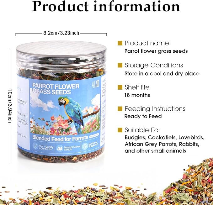 Abizoo Cockatiel & Conure Birds Foods Treats Seed Supplement for Love Birds Quaker Parrot Parakeets Digestive Health & Feather Support with Chia Flax Seeds Calendula Natural Comida para Pajaritos