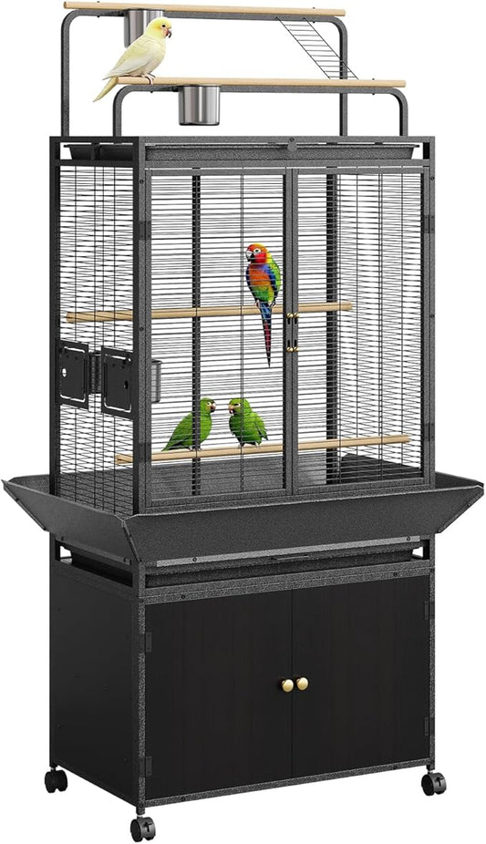 Garvee 71" H Rolling Bird Cage,Large Rolling Birdcage with Top Stand & Storage Cabinet,Black Walnut Wood Parakeet Cage for Macaw Parrot Cockatiel Budgie