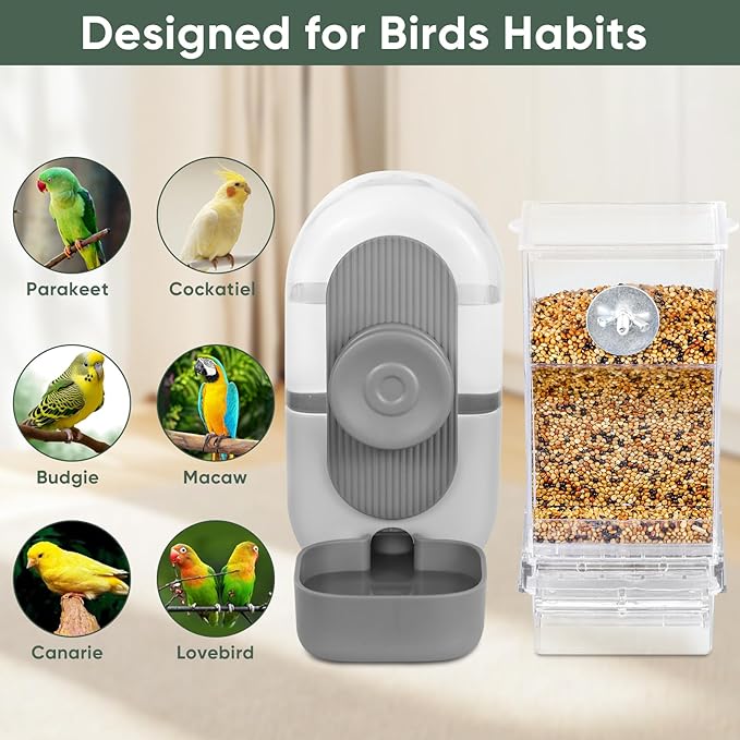 Lemtrflo No Mess Bird Feeder & Water Dispenser Set - Automatic Feeding & Hydration, Parakeet Cage Accessories for Parrots, Cockatiels, Finches, Lovebirds & Budgies