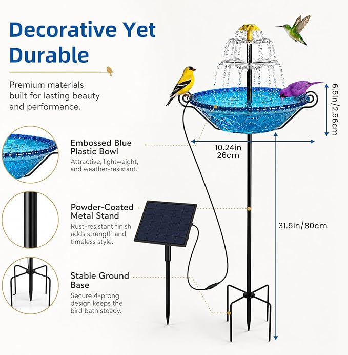 Bird Bath for Outside with Solar Fountain, Plastic Bowl on Metal Stake and Ground Stand, Freestanding Garden Accent for Yard and Patio (Blue(XL))