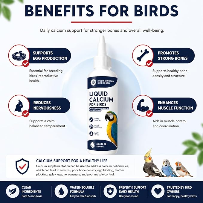 Liquid Calcium for Birds, Calcium Drops with Vitamin D3 for Parrots, Cockatiels & Budgies, Bird Calcium Supplement for Strong Bones, Healthy Feathers & Daily Nutrition, 3.38 FL OZ