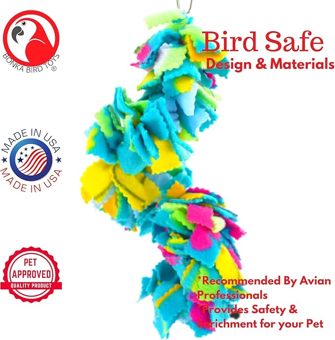 Bonka Bird Toys 1796 Twist Fluff Bird Toy – Shreddable Parrot Toy for Conures, Cockatiels & Medium Birds – Colorful Hanging Cage Enrichment Chew Toy (Pack of 2)