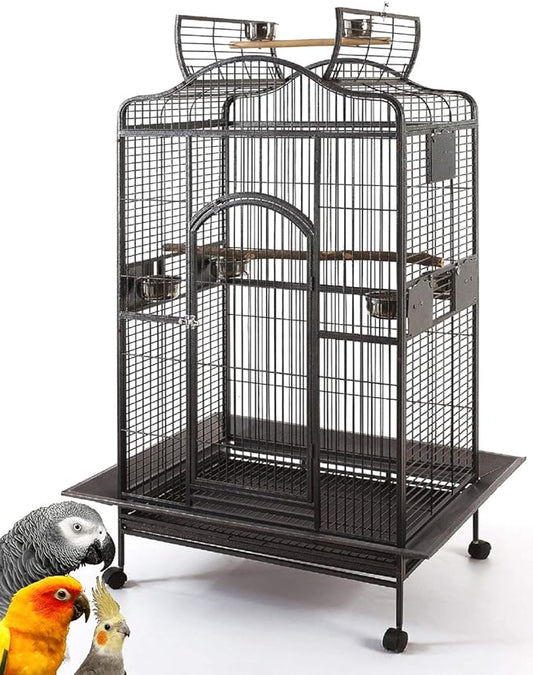 Extra Large Wrought Iron Open/Close Dome Perch Stand Play Top Bird Parrot Rolling Cage Solid Metal Plated Feeder Door Prevent Food Spillage Side Breeding Doors Around Metal Seed Guard
