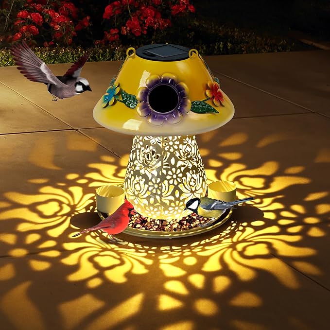Mushroom Solar Bird Feeders for Outdoors Hanging Metal Wild Bird Feeder with S Hook for Garden Decoration Yellow