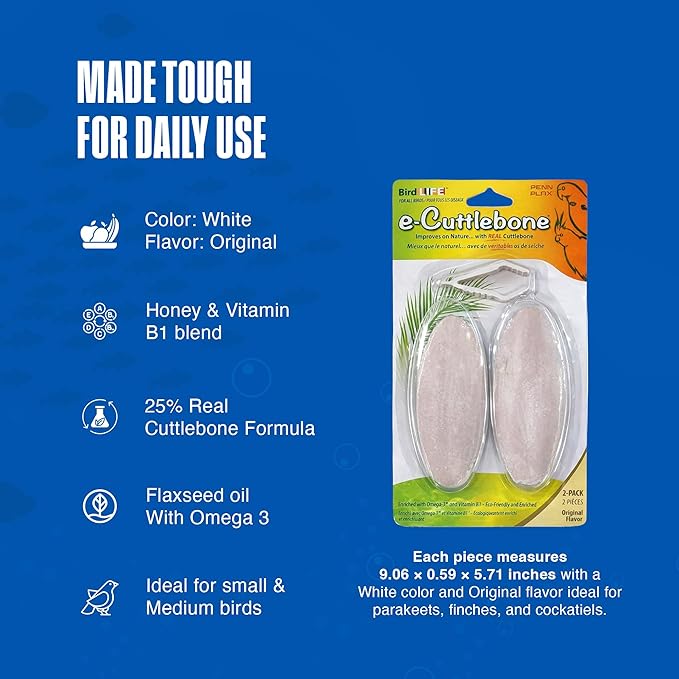 Penn-Plax Bird-Life E-Cuttlebone Original, 3 Pk (2 Count Each) - Durable, Less Brittle Cuttlebones Enriched with Omega 3, Honey & Vitamin B1 -Easy Mounting, Cage Clip - Great for All Bird Sizes -White
