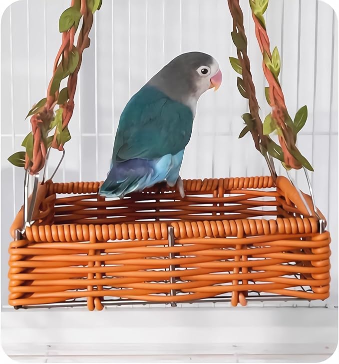 Hanging Rattan Bird Nest for Cage, Bird-Safe Vine Swing Perch with Leaves, Washable Chew-Proof Hammock Nest for Lovebird Cockatiel Budgie Conure, Cage Decoration & Rest Toy for Small Birds (Square)