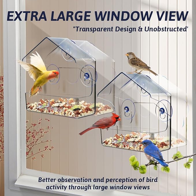 2Pk Window Bird Feeder for Outside, Window Birdfeeder with Strong Suction Cups, Bird Feeders for Viewing (Clear) Acrylic - High Transparency, Multifunction for All Kinds Seeds, Robust 1/8“ Thick