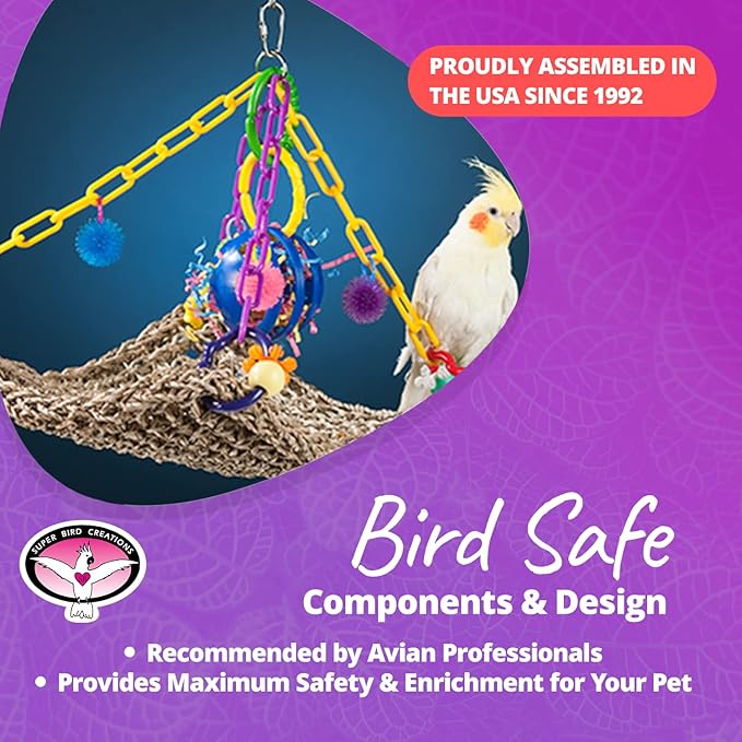 Super Bird Creations SB748 Flying Trapeze Bird Toy for Conures, Quakers, Cockatiels, Parrots, Senegals, Multi-Colored Chain, Seagrass Mat, Enrichment Toy - Medium Bird Size, 14" x 13" x 12"