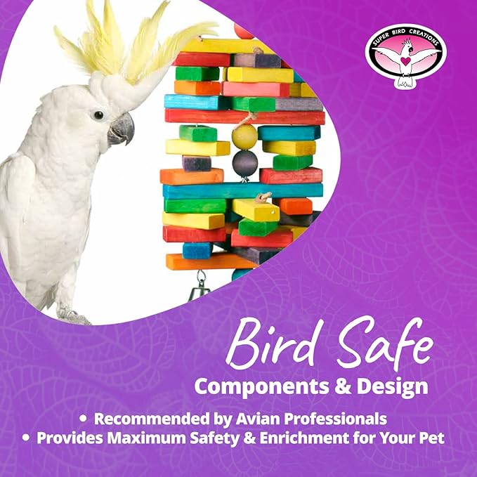 Super Bird Creations - SB477 XL Woodpile Bird Toy - Vibrant Bird Toys for Macaws, African Greys, Cockatoos, Eclectus, Parrots - Enriching Bird Toy with Chewable Elements - Large to XL Bird Size