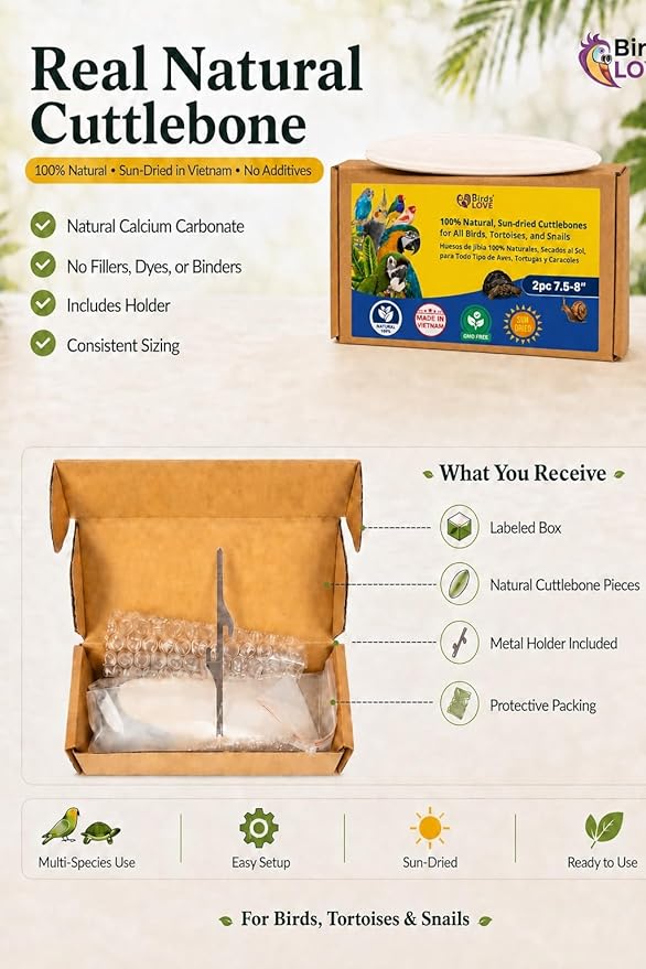 Birds LOVE 7.5-8" Cuttlebone for Birds – 100% Natural Sun-Dried Calcium Carbonate Mineral Supplement – for Parakeets, Budgies, Cockatiels, Finches & Canaries – 2 Pack with Holder – Made in Vietnam